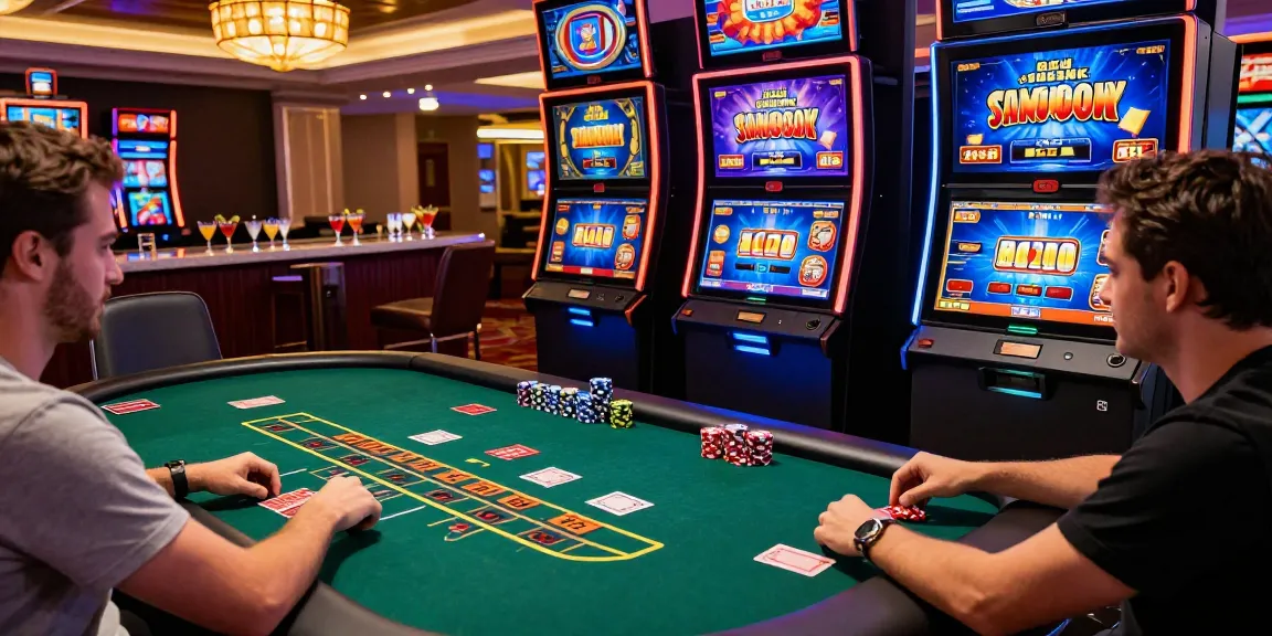 A lively scene at a credit card casino from https://mhfe.org.uk, featuring a player enjoying live dealer blackjack amidst colorful games and enticing promotions