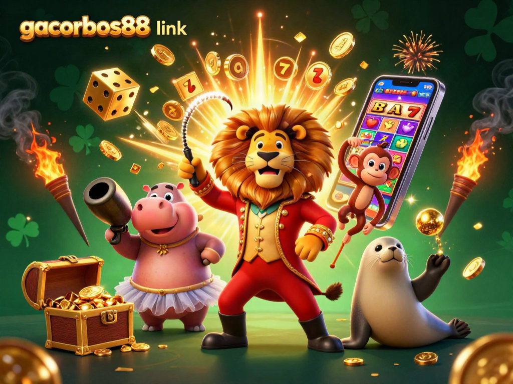 Experience thrilling jackpots with gacorbos88 link in this vibrant 3D circus-themed casino illustration.