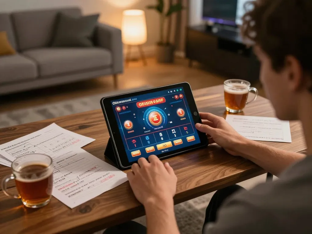 Engaging with cm88-bet online casino on a tablet in a cozy home setting, reflecting responsible gaming.