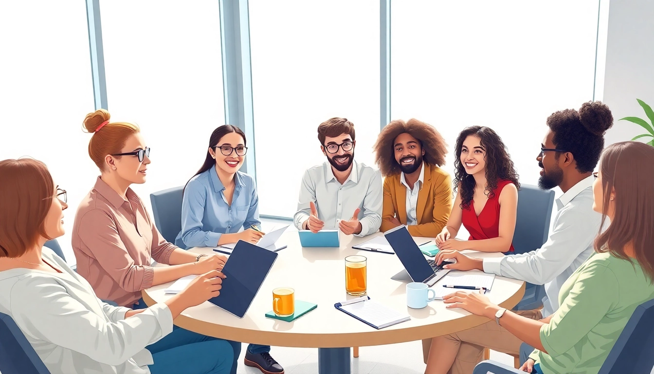 Find my true calling in a collaborative office setting, showcasing diverse individuals discussing career paths.