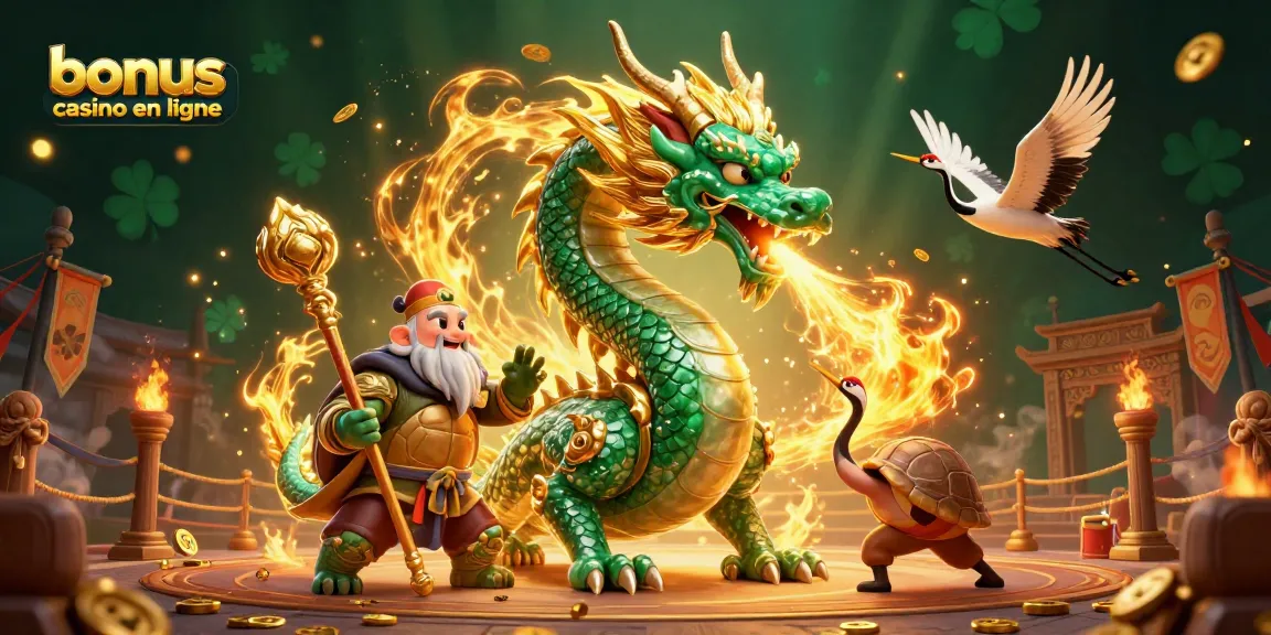 Découvrez le bonus casino en ligne avec un dragon jade, un sage et des grues porte-bonheur dans un cadre dynamique.