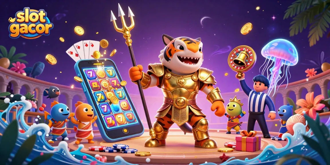 Slot gacor menampilkan hiu kartun 3D dengan armor ksatria, bermain slot di latar koloseum.