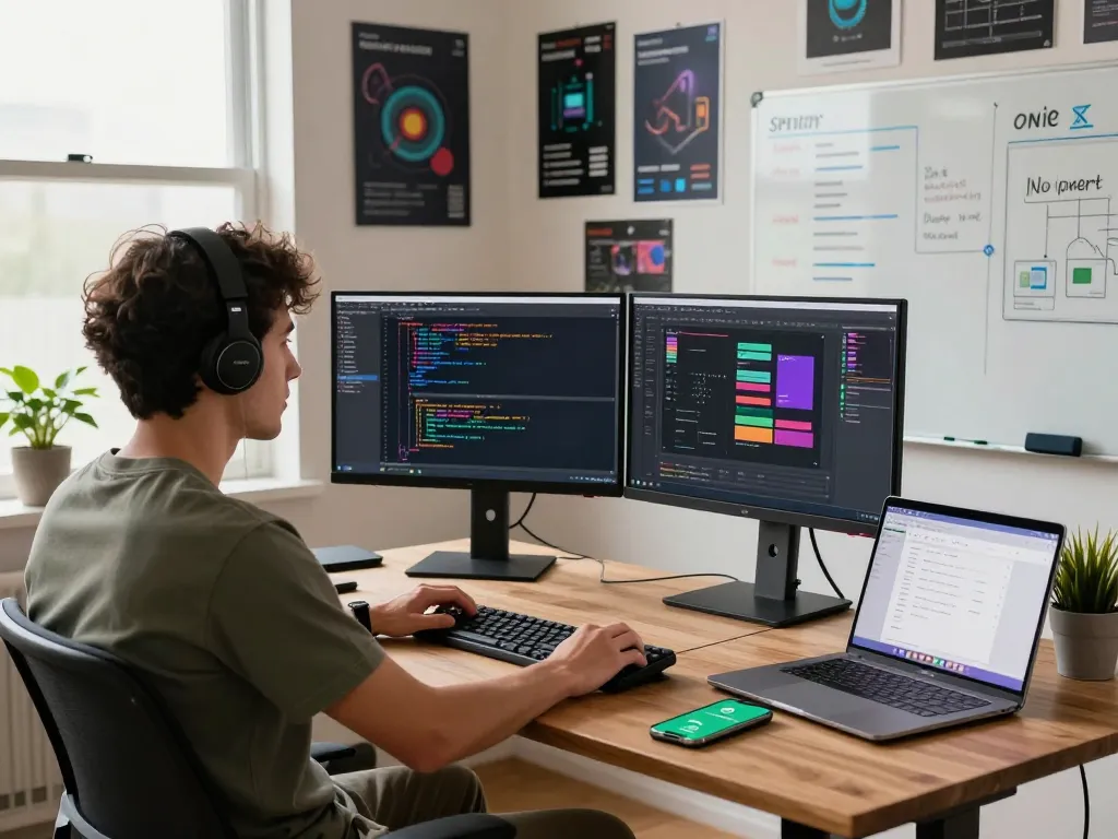 Developer using OpenClaw on dual monitors in a modern workspace, showcasing coding and productivity elements.