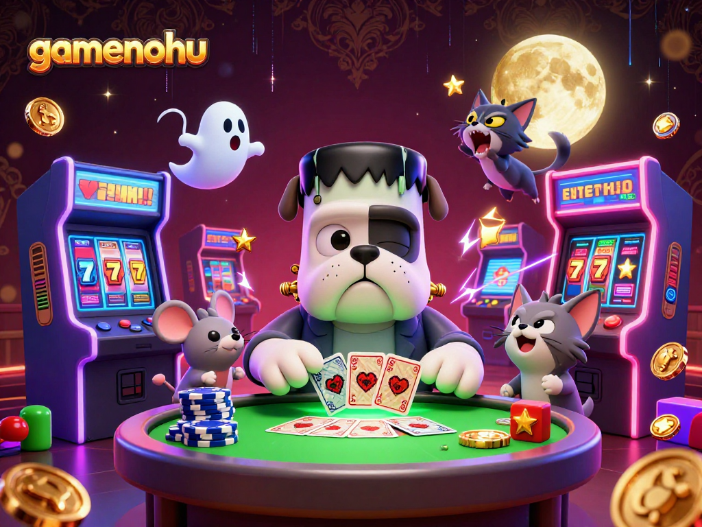 Engage with gamenohu's exciting illustration featuring a Frankenstein bulldog monster dealing cards amidst colorful casino elements.