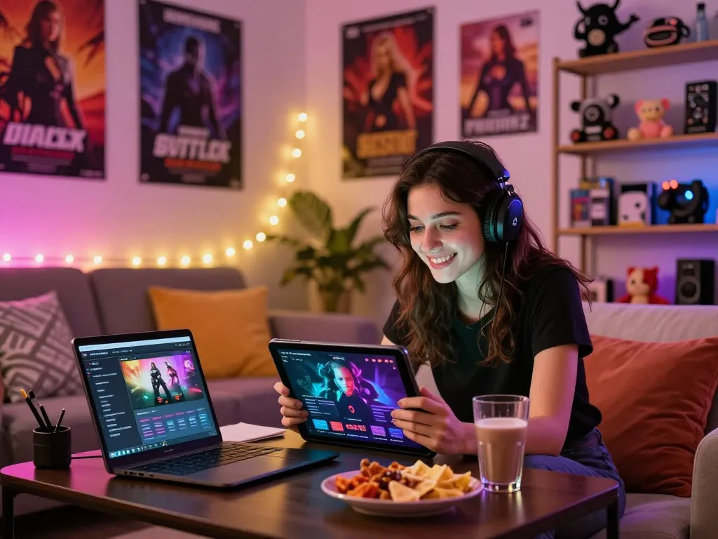 Engaged player enjoying sex games online in a cozy room filled with gaming decor.