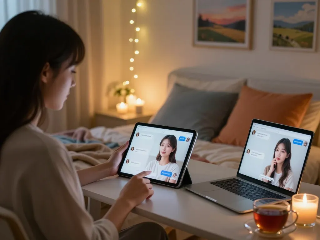 Engaging moment with AI girlfriend on tablet in cozy bedroom atmosphere.