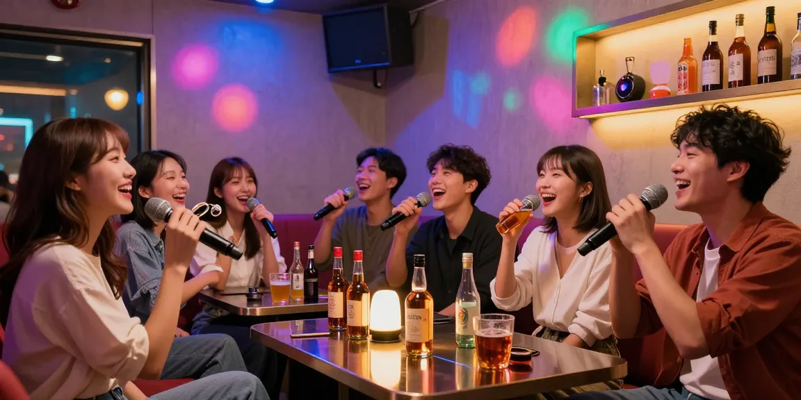 제주유흥에서 즐거운 노래방 시간을 보내는 모습, 다양한 위스키와 친구들 웃음이 가득한 분위기