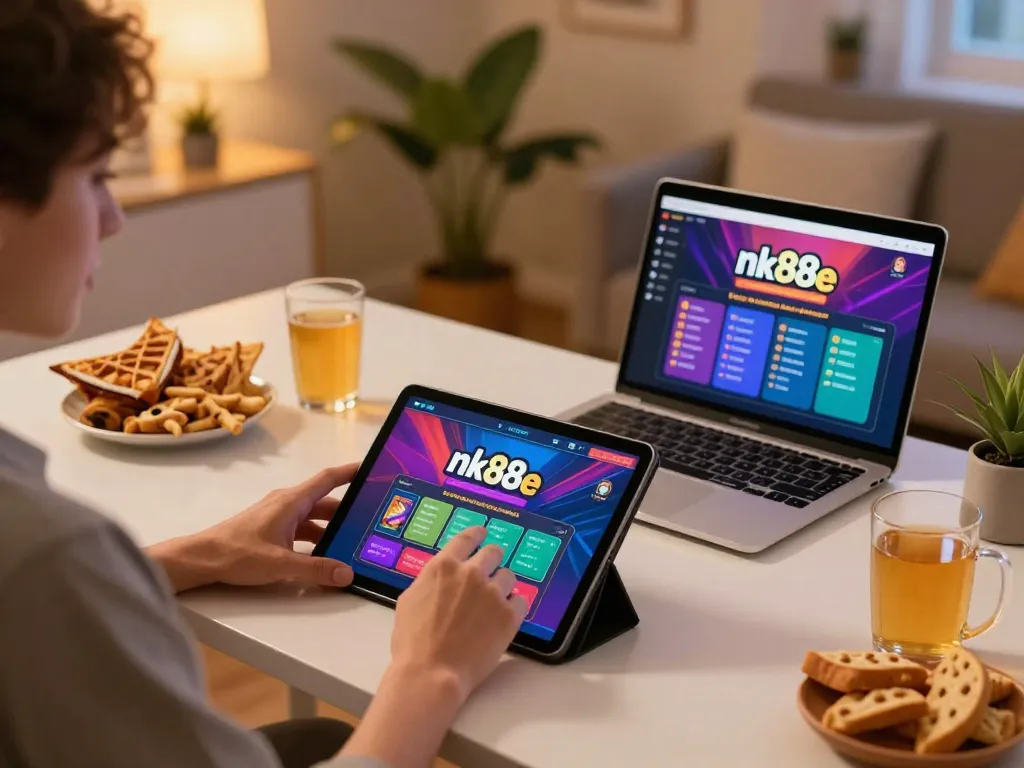 Engaging setup with player using nk88e for live dealer gaming, tablet displaying vibrant graphics, cozy home office atmosphere.