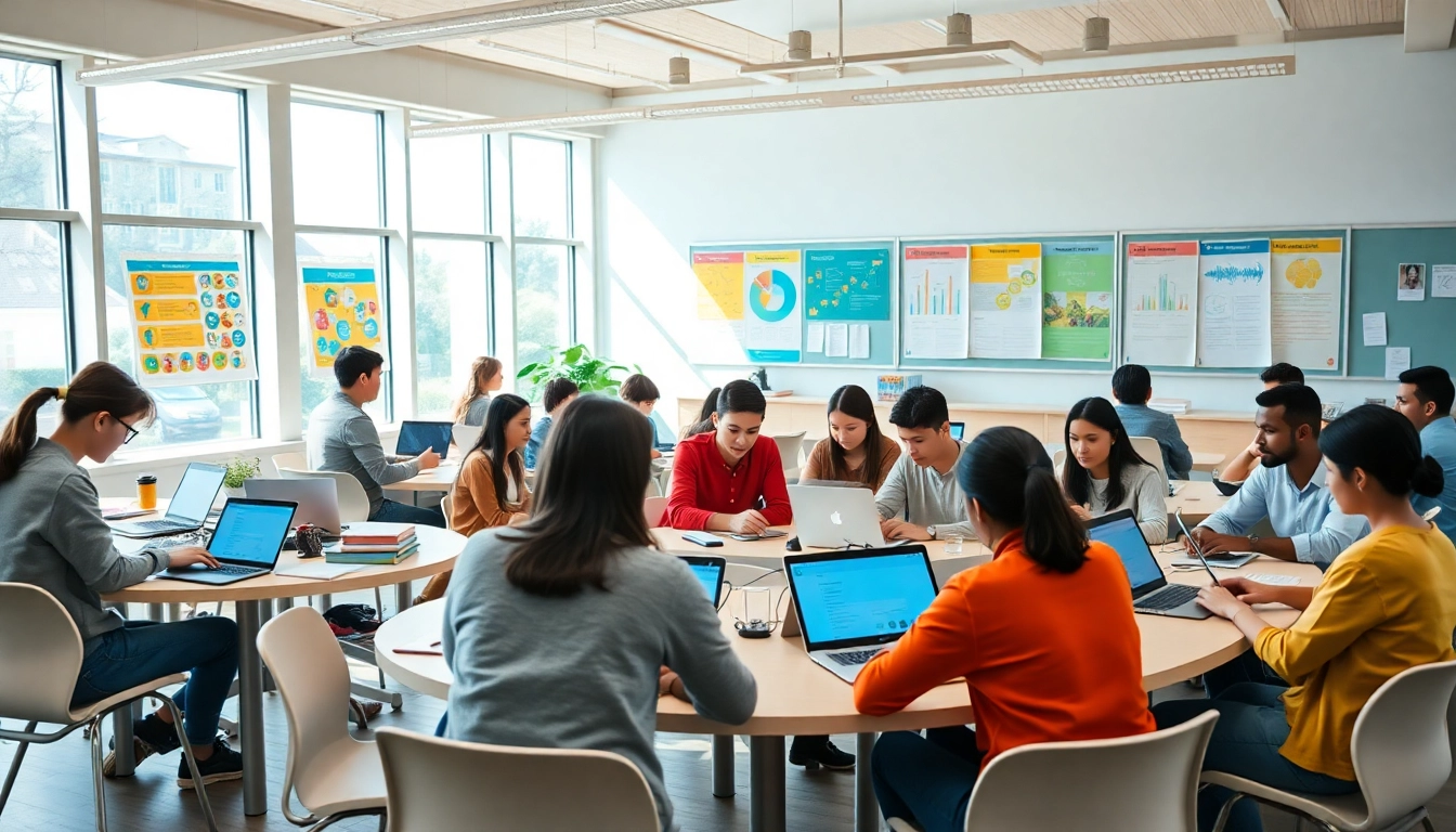 Dynamic education scene with diverse students collaborating in a modern classroom.