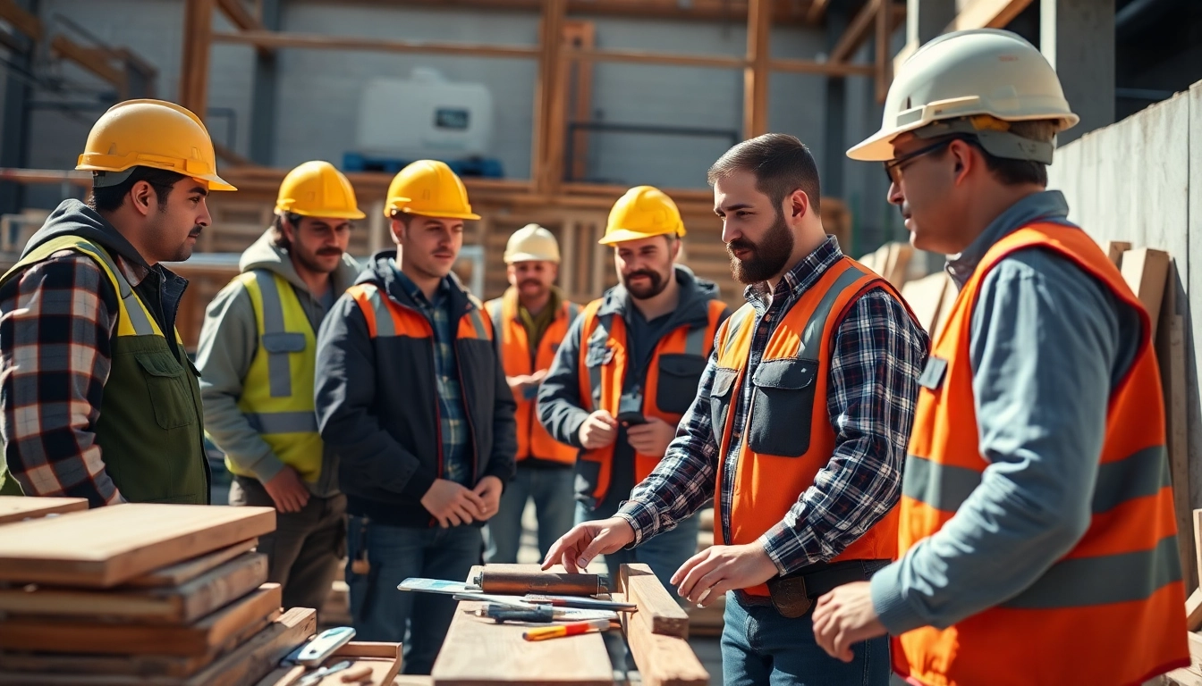 Construction apprenticeship training showcasing apprentices learning hands-on skills with tools and materials.
