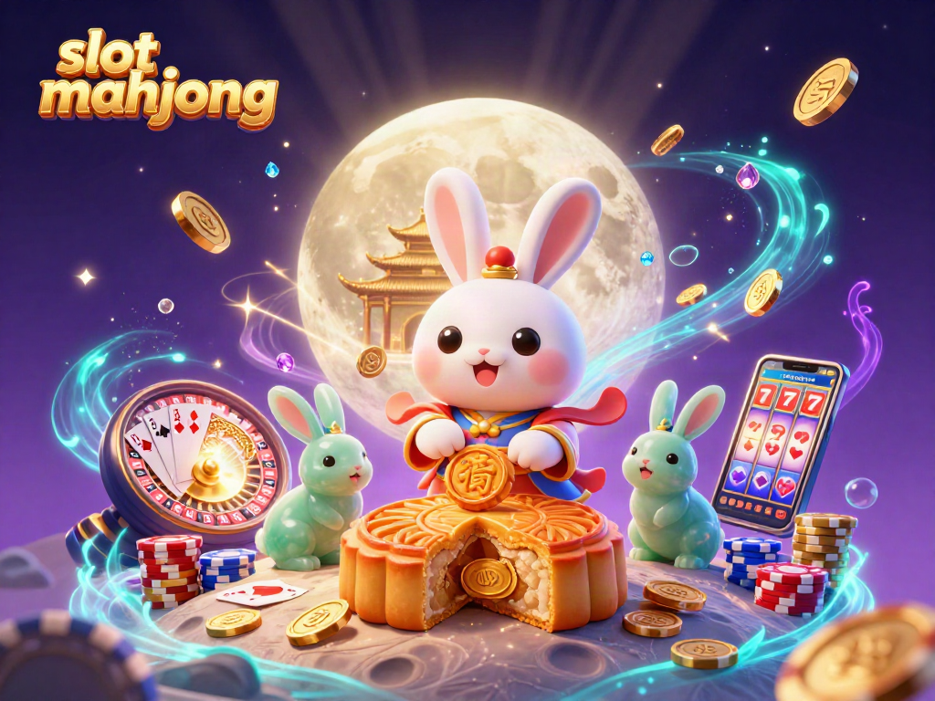 Engage in slot mahjong with a vibrant 3D illustration featuring a moon rabbit, casino icons, and sparkling gems.