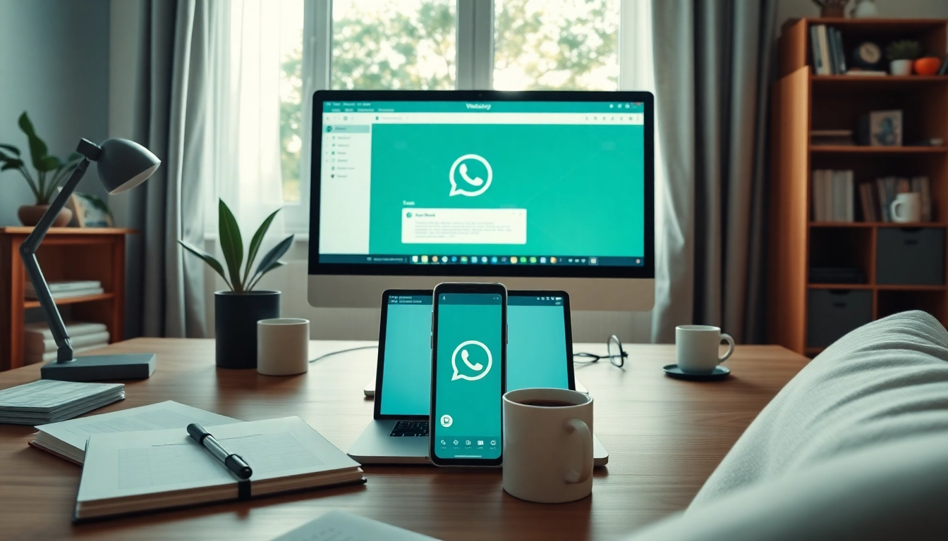 在现代家庭办公环境中，笔记本电脑上显示的 WhatsApp Web，强调高效沟通。