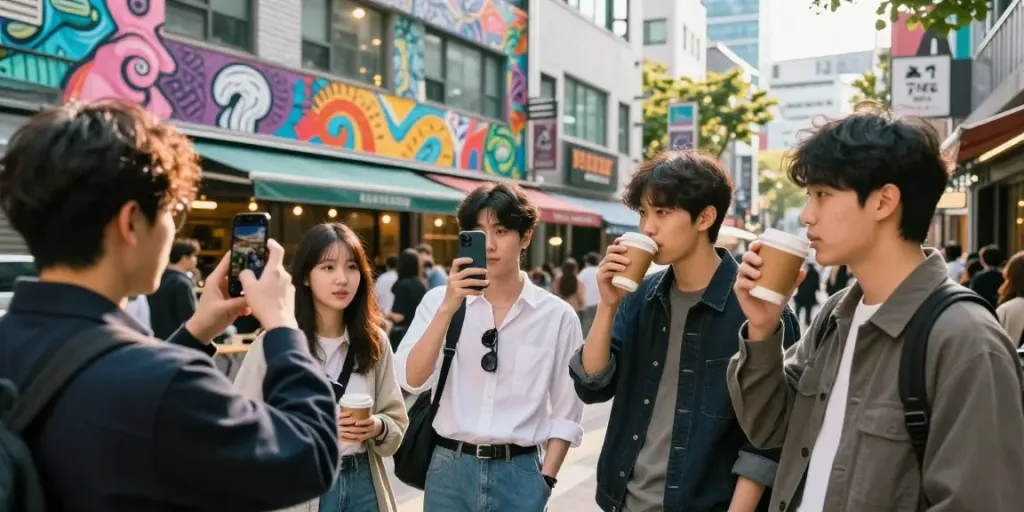 홍대오피에서 젊은이들이 트렌디한 패션으로 활기찬 거리를 즐기며 소통하는 모습