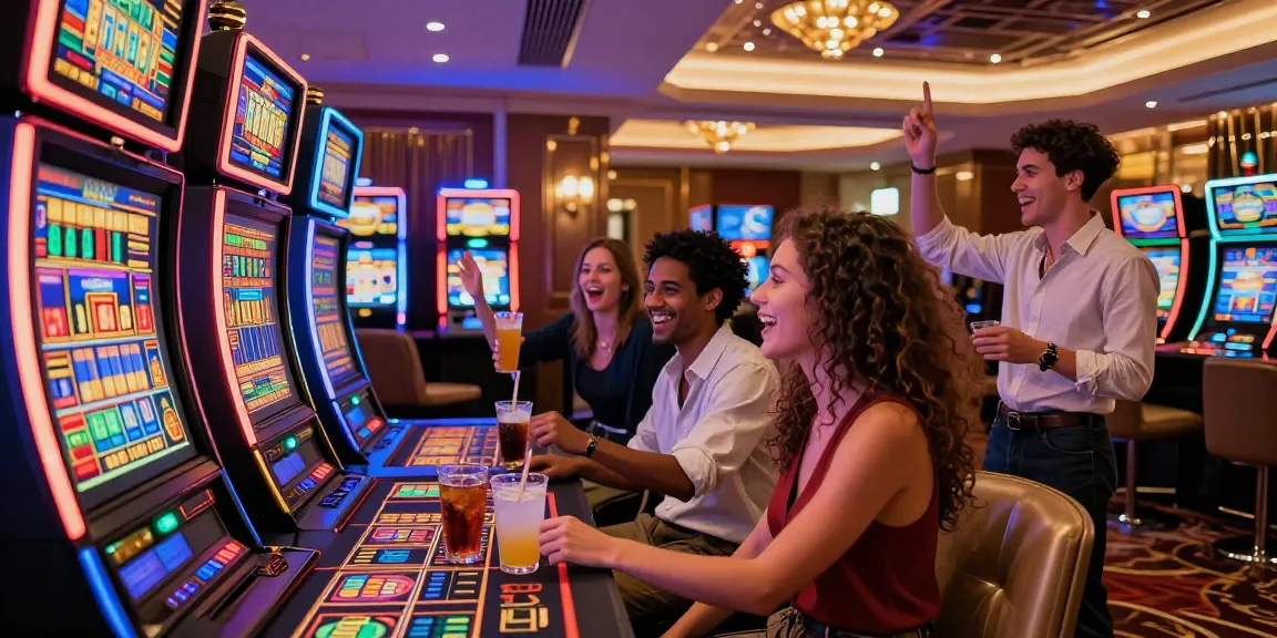 Joyful friends celebrating a jackpot while garuda303 login at a vibrant casino.