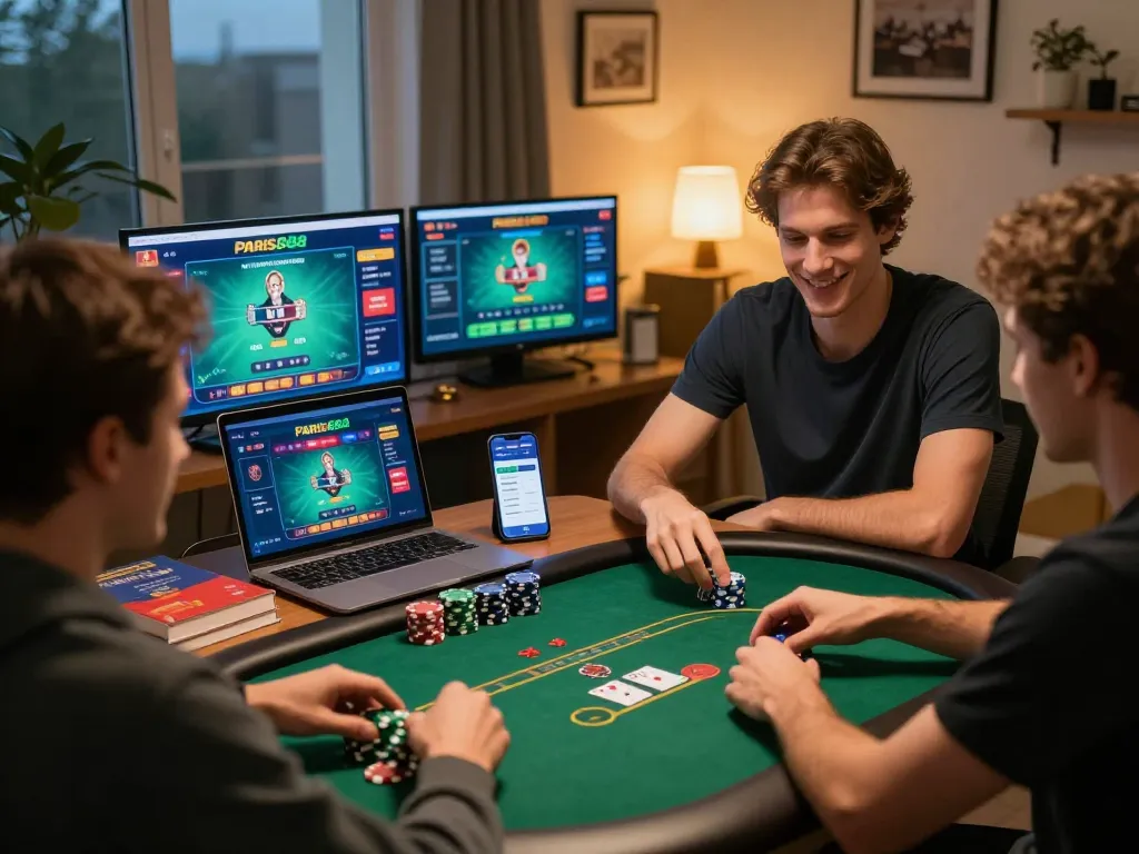 Players enjoying online poker on Paris888, showcasing engaging gameplay in a cozy home office.