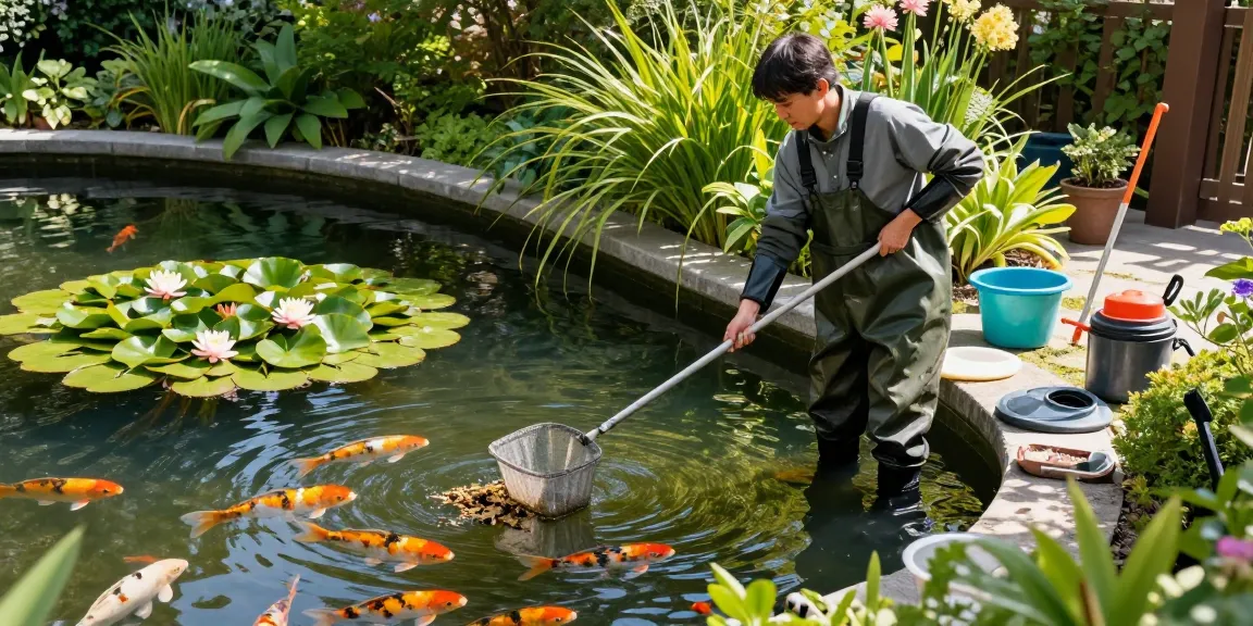 Pond Clean Surrey specialist removing debris from a beautiful garden pond, ensuring a healthy aquatic environment.