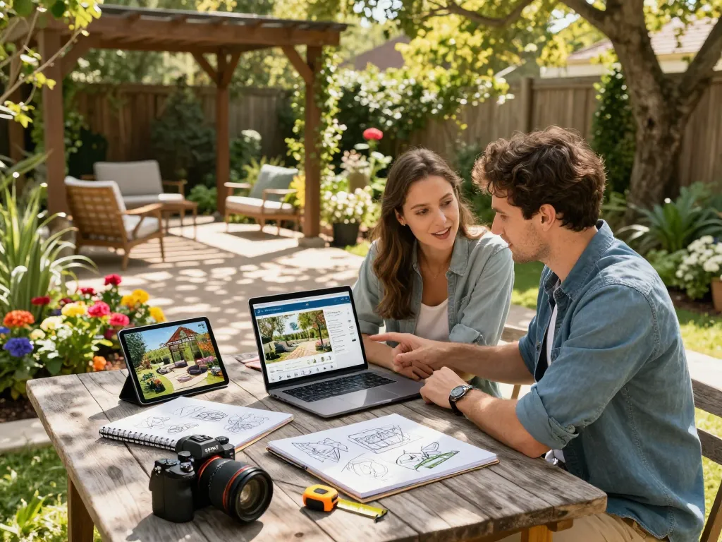 Couple using a custom pergola configurator to design their outdoor space, surrounded by plants and sketches in a sunny garden.