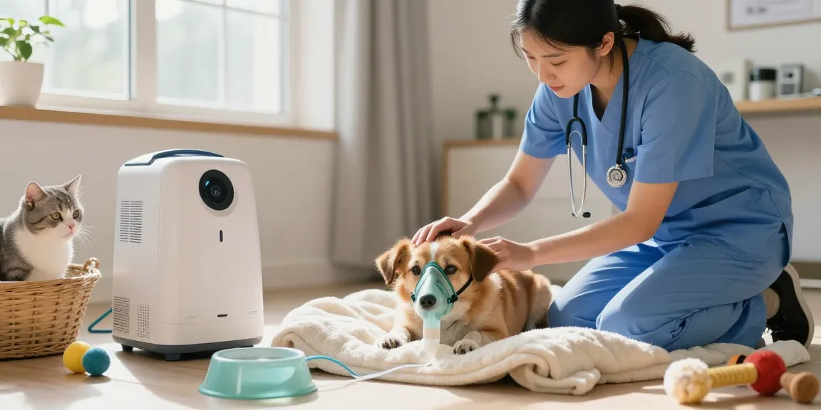 Providing pet oxygen support to a small dog with a mask in a caring indoor setting.
