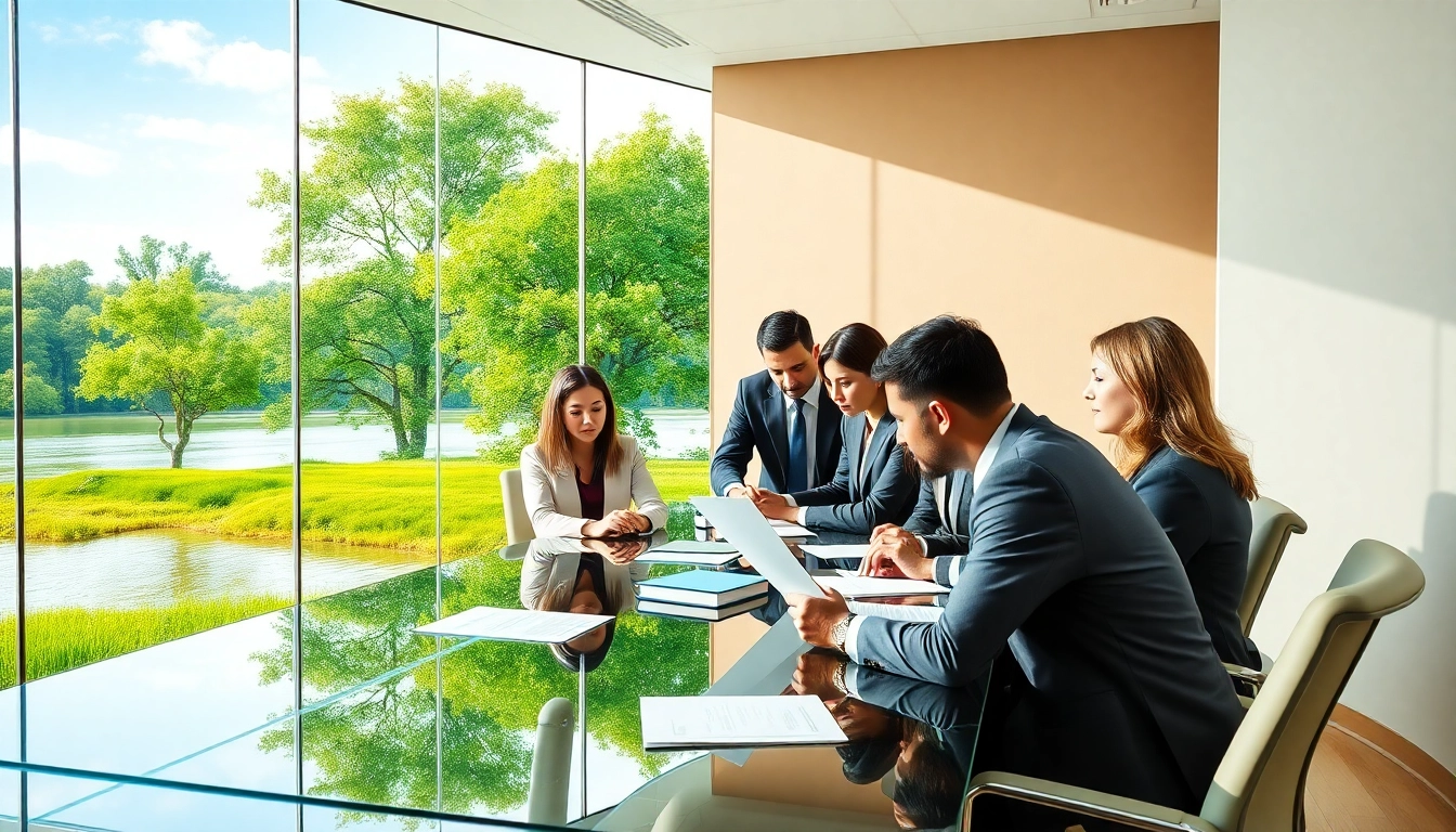 Attorneys at an environmental law firm collaborating on sustainability-focused legal cases in a modern office setting.