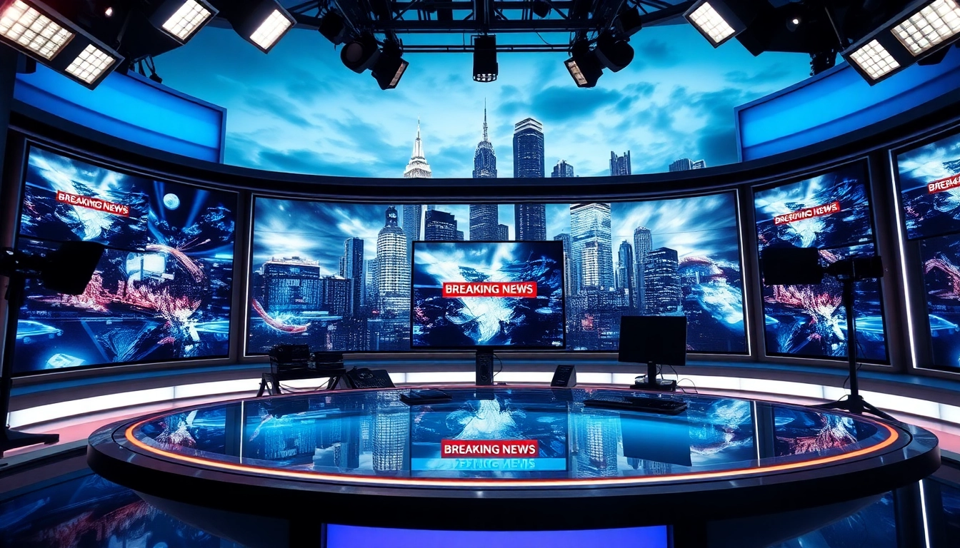 Engaging news broadcast studio showcasing vibrant news headlines and modern technology.