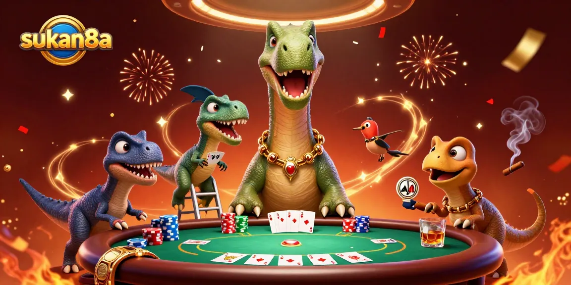 Sukan8a showcases a vibrant 3D casino scene with a giant brontosaurus and card-dealing raptor