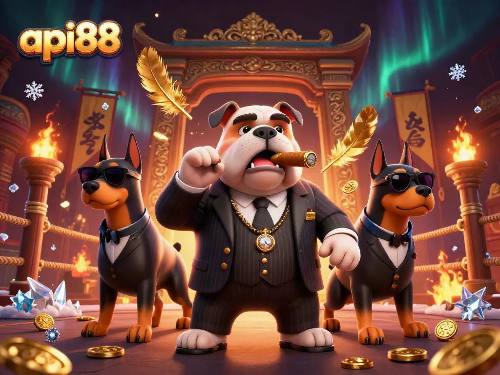api88 showcases a formidable mafia boss bulldog overseeing a vibrant casino scene filled with golden coins and betting tokens.