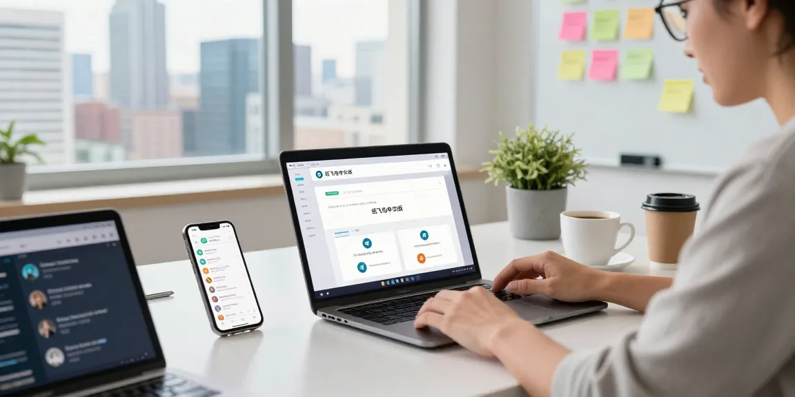 Engaging scene of an individual using the 纸飞机中文版 app in a modern workspace, showcasing digital communication.