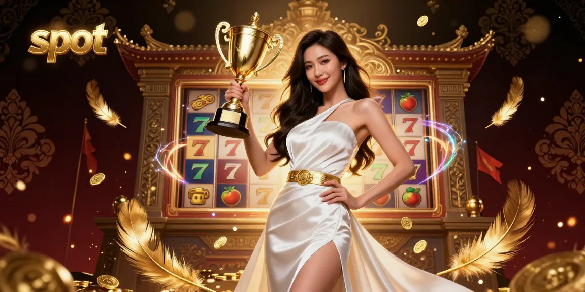 Spin the winning slot reels with vibrant Asian woman holding trophy in 3D illustration.