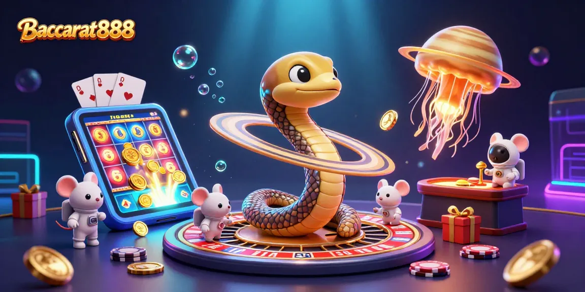 Experience Baccarat888 with engaging gameplay in a dynamic cosmic casino setting featuring lively characters and rich details.