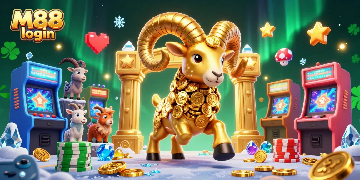 M88 login to the exciting world of online gambling featuring a golden ram charging through a festive casino backdrop.