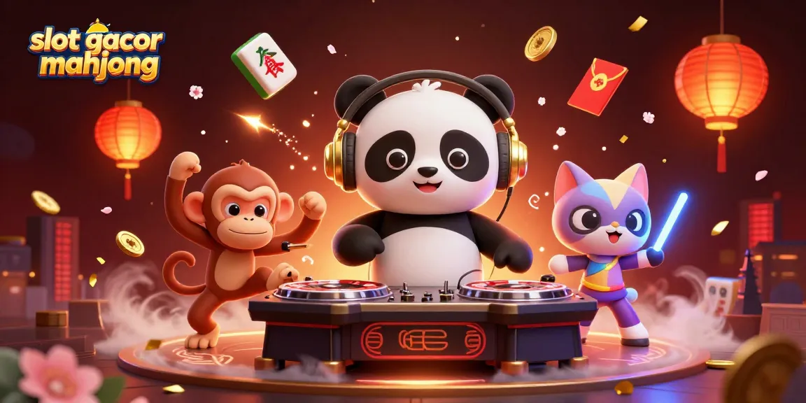 Experience triumph with slot gacor mahjong, as lively characters party amidst colorful casino elements.