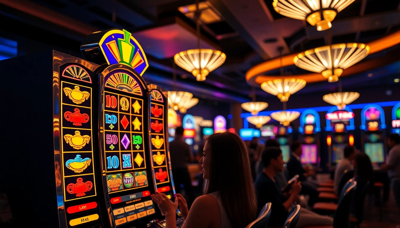 Slot interwin menampilkan mesin slot yang ceria dengan pemain terhibur di kasino.