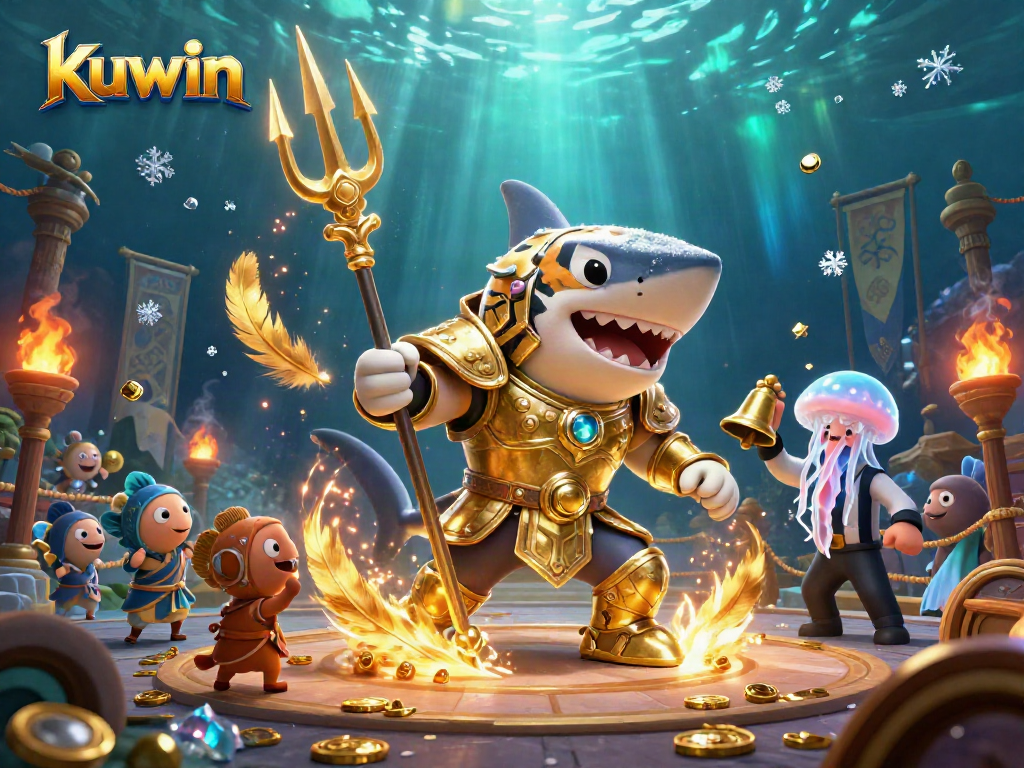 Kuwin immerses players in exciting underwater casino battles, featuring a tiger shark and vibrant game elements.