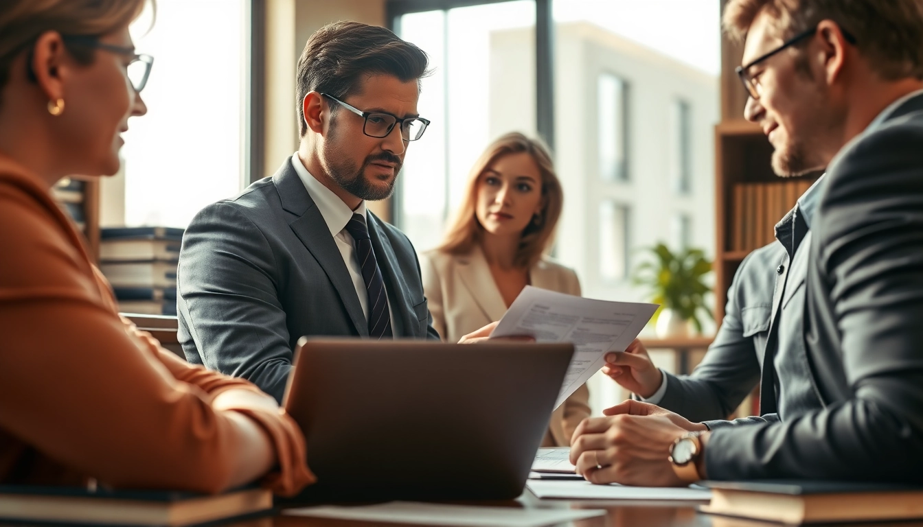 Truck accident attorney Clearwater engaging with clients in a professional office.