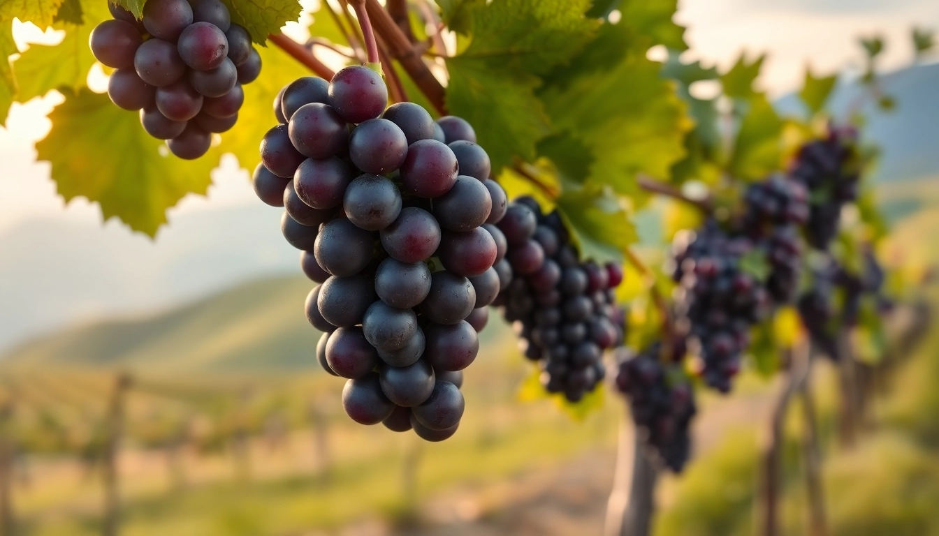 Vibrant petite sirah grapes glistening in sunlight against a lush vineyard backdrop.
