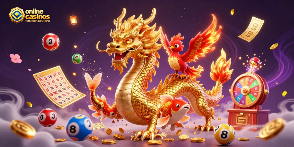 Experience thrilling gameplay at online casinos that accept credit cards, featuring dragons, phoenixes, and vibrant gaming elements.