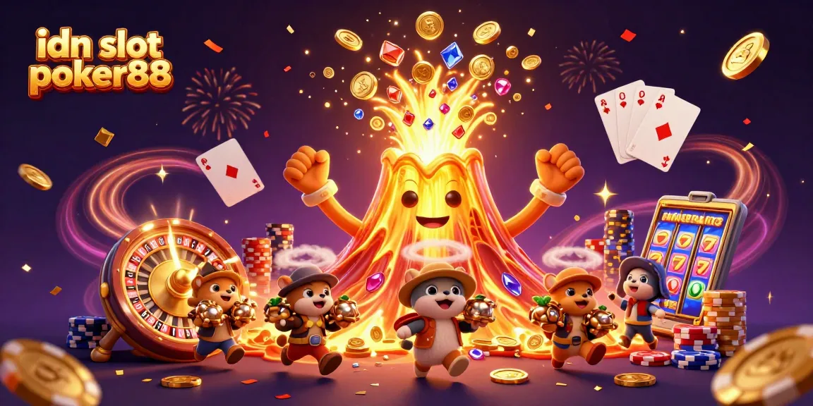 Engage with idn slot poker88, featuring a triumphant volcano amid sparkling gems and casino elements.