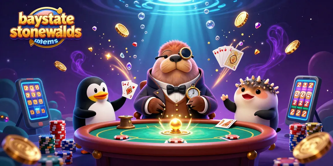 Baystatestonewalldems menampilkan walrus berjas Victorian yang bermain poker di bawah laut dengan dealer penguin dan pufferfish yang bluf.