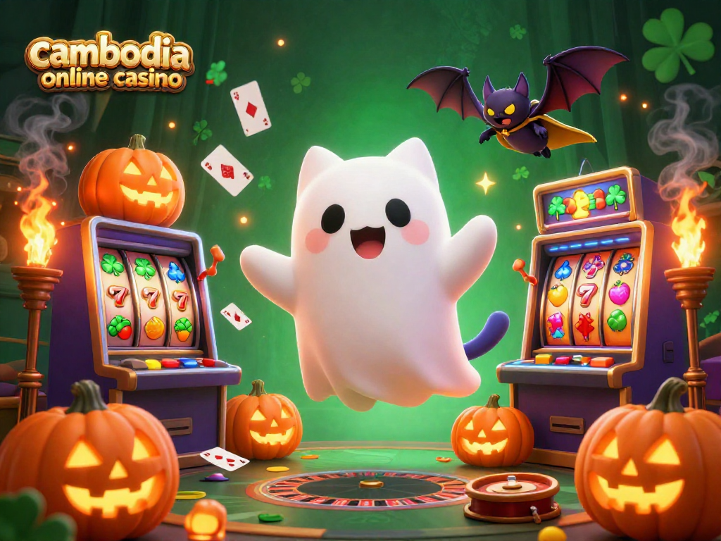 Engage with the vibrant cambodia online casino scene featuring a friendly ghost cat and a bat with playful gambling elements.