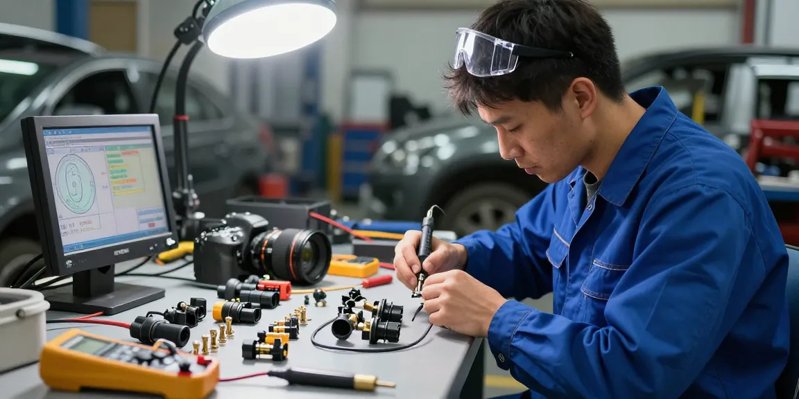 Automotive electrical connectors assembly in workshop, showcasing tools and technician at work.