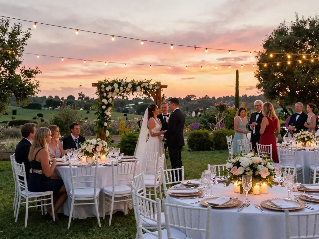 Event furniture rental enhances an elegant outdoor wedding with decorated tables and joyful guests