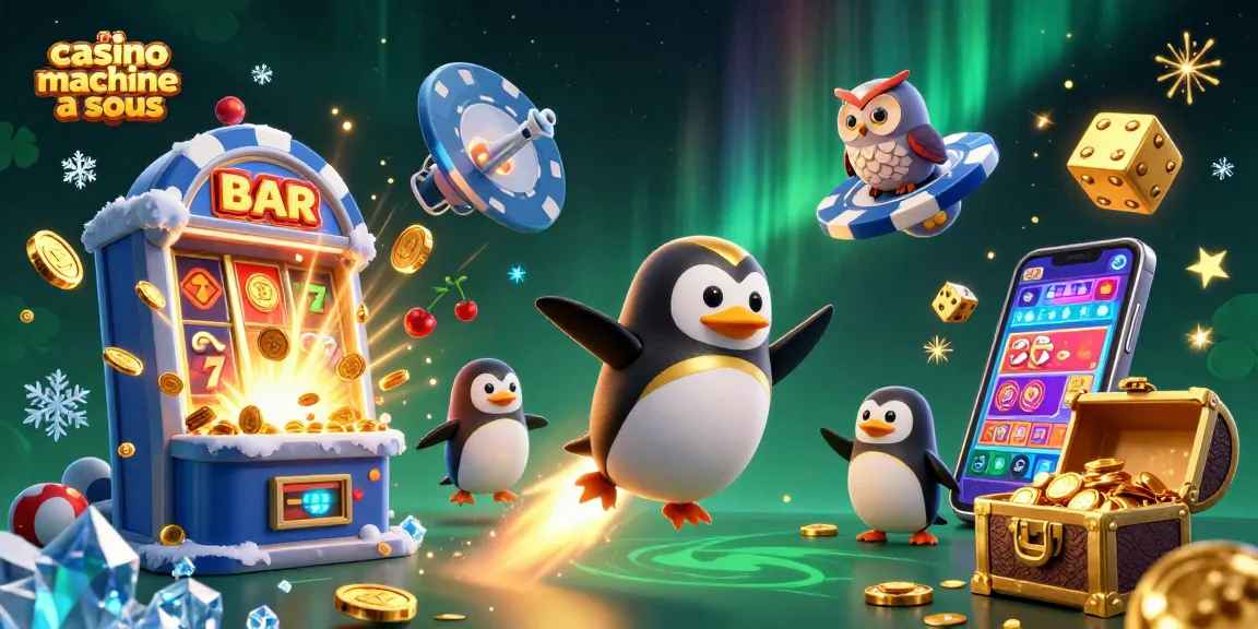 Jouer à la casino machine à sous avec un pingouin doré dans un espace plein de pièces d'or.