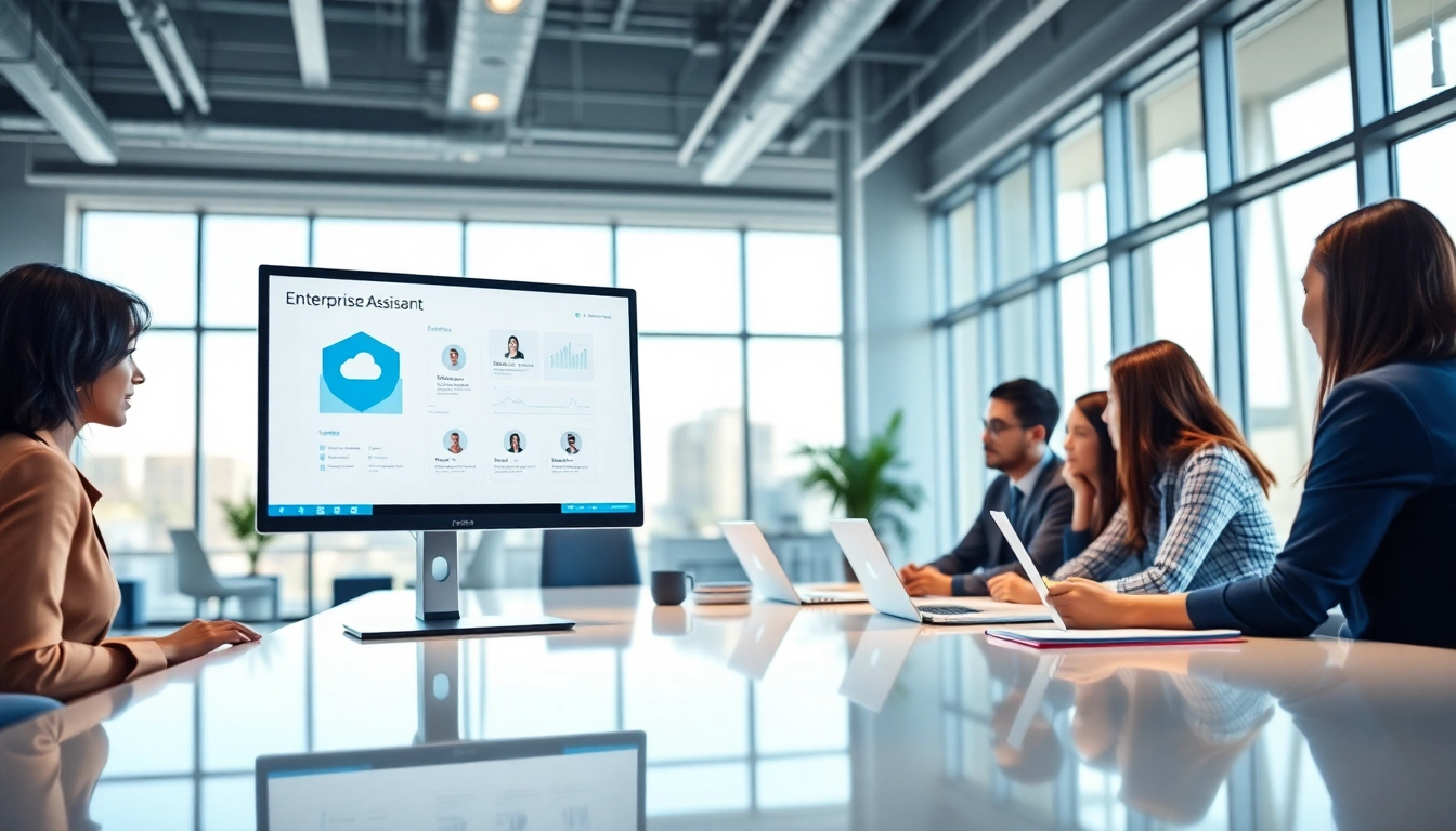 Team collaborating on an enterprise assistant platform in a bright office environment.