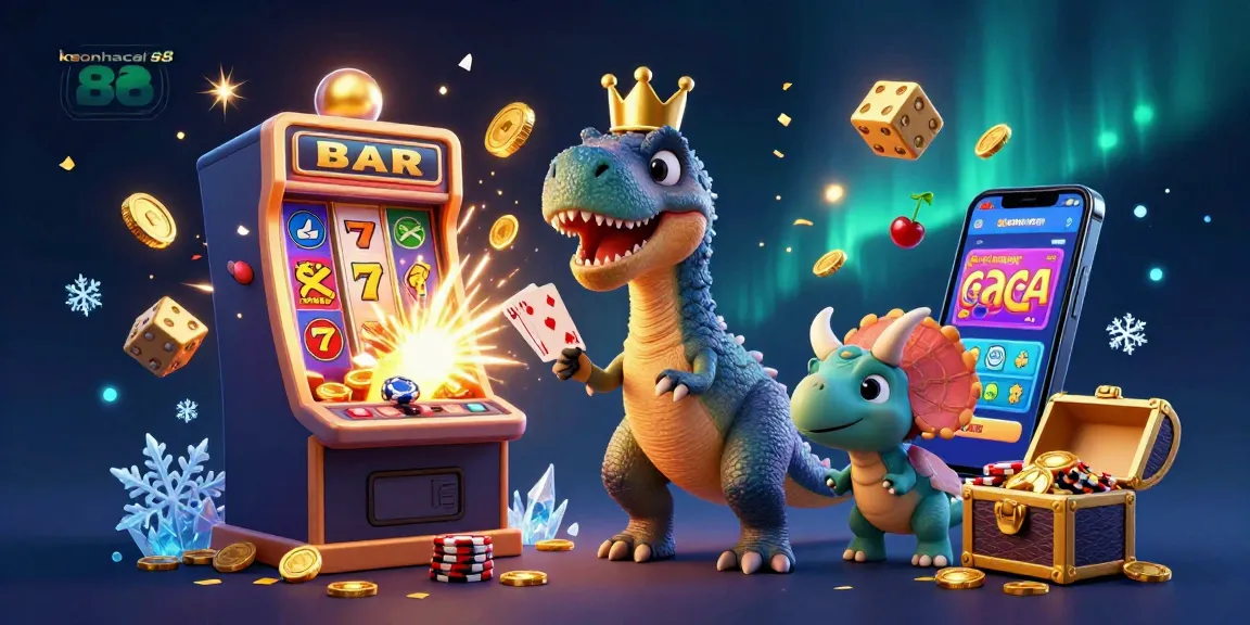 Experience the excitement of keonhacai 88 with a friendly T-Rex and dynamic casino elements.
