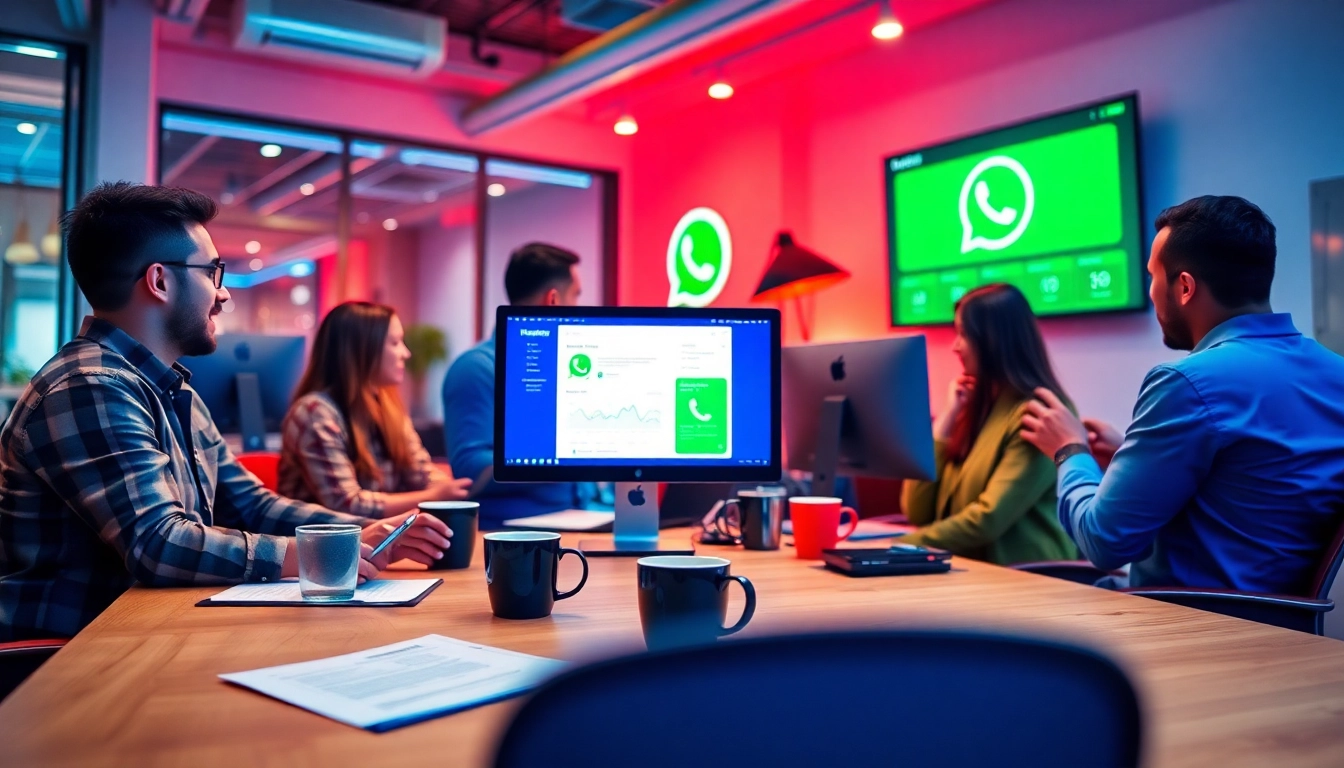 Team collaborating on WhatsApp Business CRM in a modern workspace.