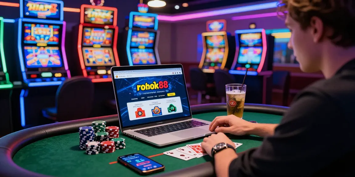 Player focusing on rokok88 link alternatif site in an energetic online casino atmosphere.