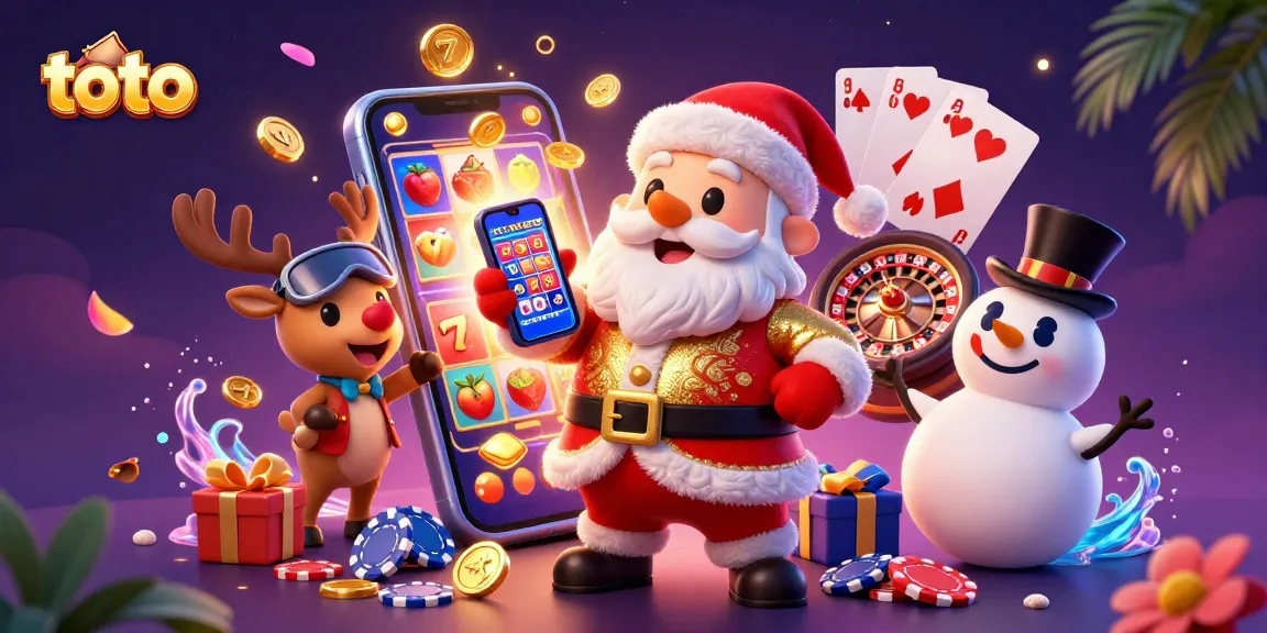 Join the fun with toto-themed jackpot slots as Santa and friends celebrate at a vibrant casino.