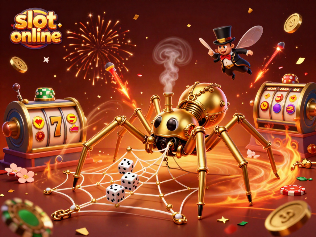 Engage with slot online thrills in this 3D illustration featuring a steampunk spider and lively game elements.