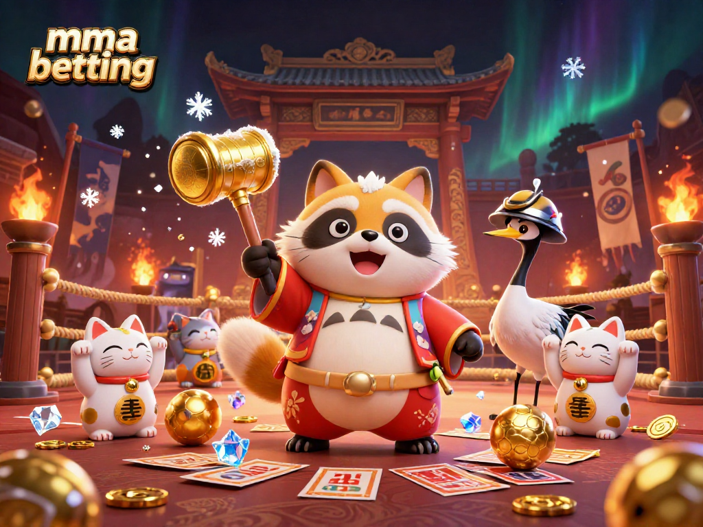 MMA betting scene with a cheerful tanuki, samurai crane, and waving fortune cats in a dynamic arena setting.