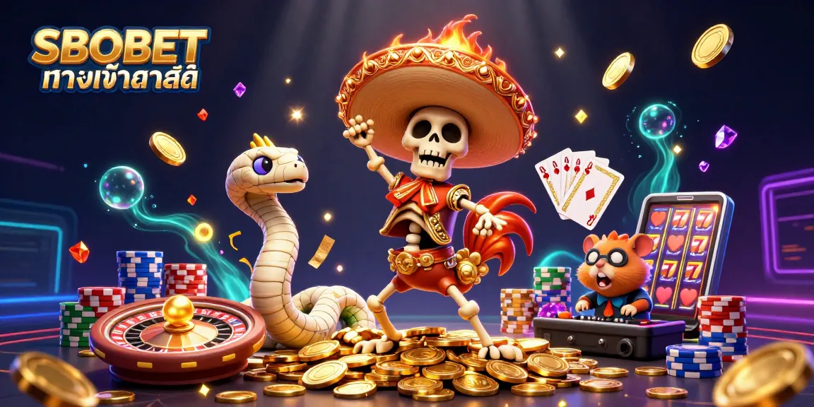 SBOBET ทางเข้าล่าสุด illustrated scene with a lively mariachi rooster, mummy snake, and DJ hamster celebrating amidst casino elements and gold